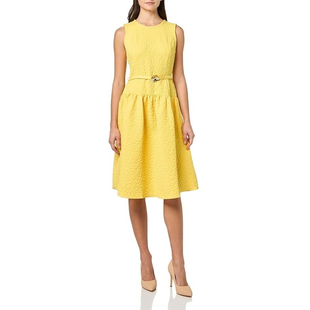 Karl Lagerfeld Yellow Floral Jacquard A-Line Dress with Flower Belt NWT! Size 12 - Picture 9 of 10